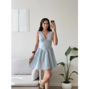Bel Korse Çizgili Mini Elbise - MAVİ