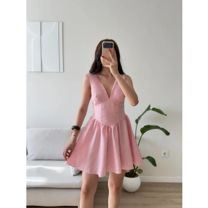 Bel Korse Çizgili Mini Elbise - PEMBE
