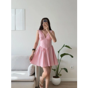 Bel Korse Çizgili Mini Elbise - PEMBE
