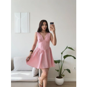 Bel Korse Çizgili Mini Elbise - PEMBE