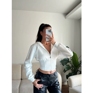 Bel Korse Kapşonlu Hırka - BEYAZ