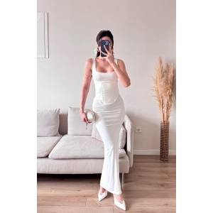 Bel Korse Kare Yaka Elbise - BEYAZ