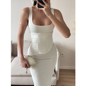 Bel Korse Kare Yaka Elbise - BEYAZ