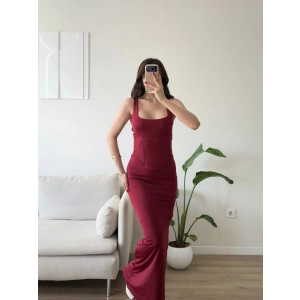 Bel Korse Kare Yaka Elbise - BORDO