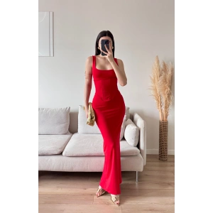 Bel Korse Kare Yaka Elbise - KIRMIZI