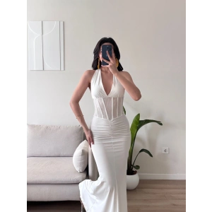 Bel Korse Maxi Elbise - BEYAZ