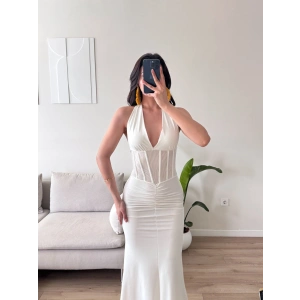 Bel Korse Maxi Elbise - BEYAZ
