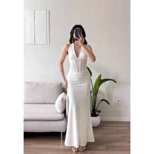 Bel Korse Maxi Elbise - BEYAZ