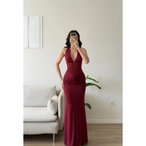 Bel Korse Maxi Elbise - BORDO