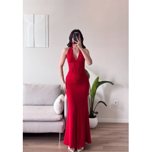 Bel Korse Maxi Elbise - KIRMIZI