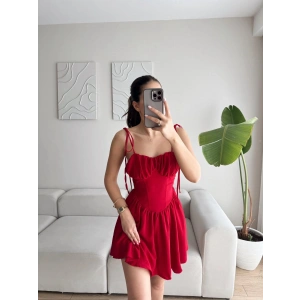 Bel Korse Omuz Bağlamalı Elbise - KIRMIZI