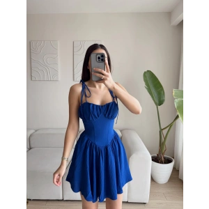 Bel Korse Omuz Bağlamalı Elbise - SAKS MAVİSİ