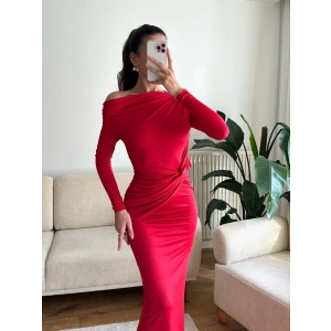 Bel Kruvaze Kayık Yaka Elbise - KIRMIZI