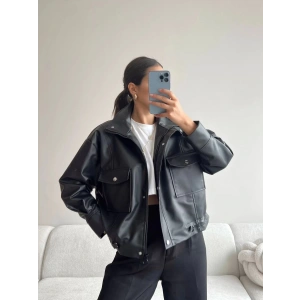 Bel Lastik Çift Cep Deri Ceket - SİYAH