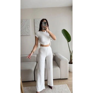 Bel Büzgülü Crop & Pantolon Takım - BEYAZ