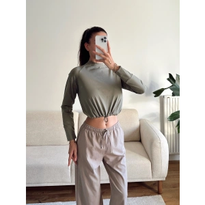 Bel Lastik Crop Sweat - HAKİ