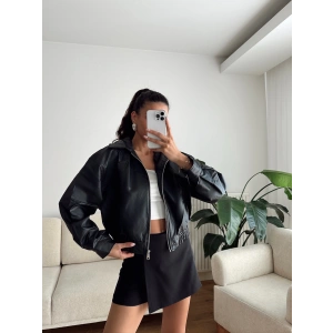 Bel Lastik Deri Ceket - SİYAH