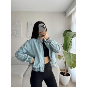 Bel Lastik Fermuarlı Kot Ceket - MAVİ