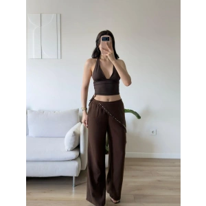 Bel Şal Detay Dökümlü Pantolon - KAHVE