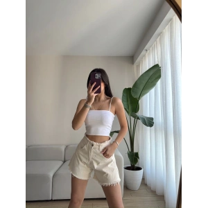 Bel Ve Paça Püskül Kot Şort-BEJ