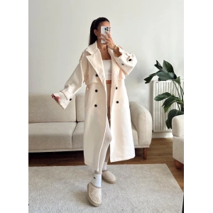 Beli Kuşaklı Kaşe Kaban - EKRU