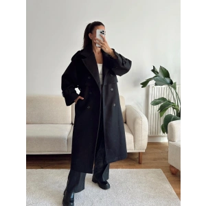 Beli Kuşaklı Kaşe Kaban - SİYAH