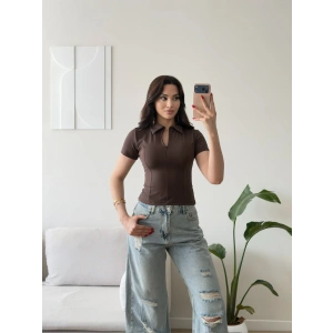 Belize Polo Yaka Crop - KAHVE