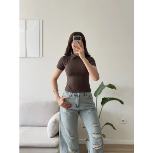 Belize Polo Yaka Crop - KAHVE