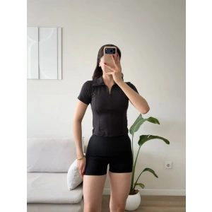 Belize Polo Yaka Crop - SİYAH