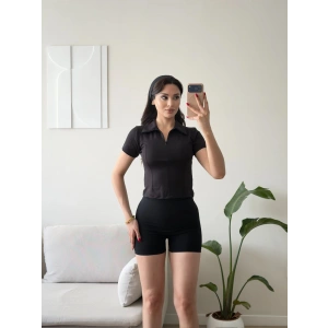 Belize Polo Yaka Crop - SİYAH