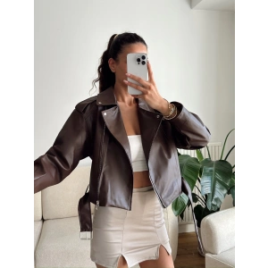 Biker Kemerli Deri Ceket - KAHVE