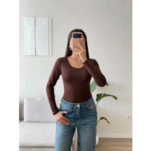 Bisiklet Yaka Bodysuit - KAHVE