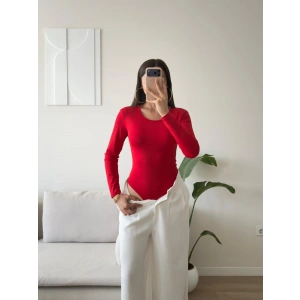 Bisiklet Yaka Bodysuit - KIRMIZI
