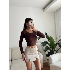 Bisiklet Yaka Crop - KAHVE