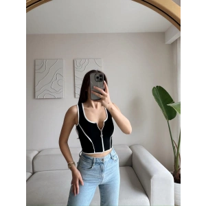 Biyeli Fermuar Crop - SİYAH