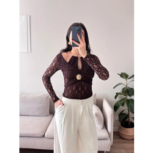Boyun Aksesuar Dantel Bluz - KAHVE