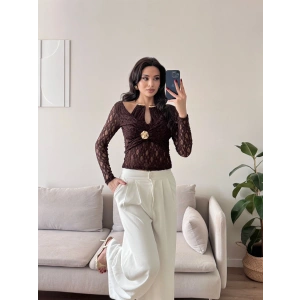Boyun Aksesuar Dantel Bluz - KAHVE