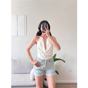 Boyun Aksesuar Degaje Bodysuit - BEYAZ
