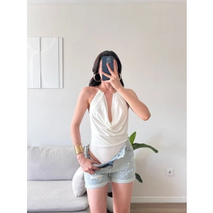 Boyun Aksesuar Degaje Bodysuit - BEYAZ