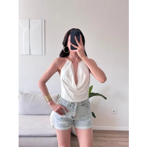 Boyun Aksesuar Degaje Bodysuit - BEYAZ