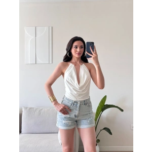 Boyun Aksesuar Degaje Bodysuit - BEYAZ