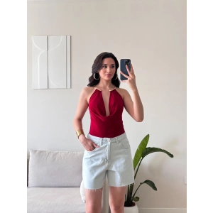 Boyun Aksesuar Degaje Bodysuit - KIRMIZI