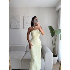 Boyun Askılı Arka Yırtmaç Elbise - SARI