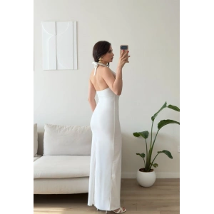 Boyun Bağlamalı Gloplu Elbise - BEYAZ