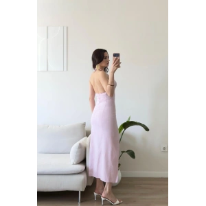 Boyun Bağlamalı Keten Burgu Elbise - PEMBE