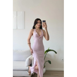 Boyun Bağlamalı Keten Burgu Elbise - PEMBE
