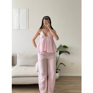Boyun Bağlamalı Müslin İkili Takım - PEMBE
