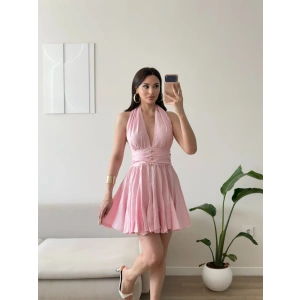 Boyun Bağlamalı Ön Düğme Keten Elbise - PEMBE
