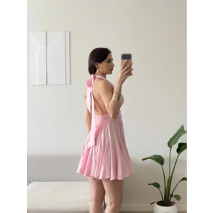 Boyun Bağlamalı Ön Düğme Keten Elbise - PEMBE