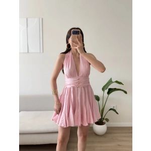 Boyun Bağlamalı Ön Düğme Keten Elbise - PEMBE